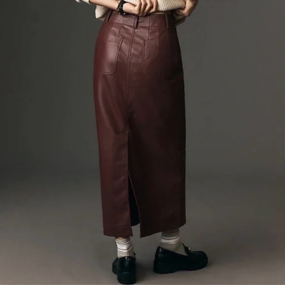 The Colette Faux Leather Cherry Burgundy Maxi Pencil Skirt by Maeve Vegan — XS - Picture 3 of 12